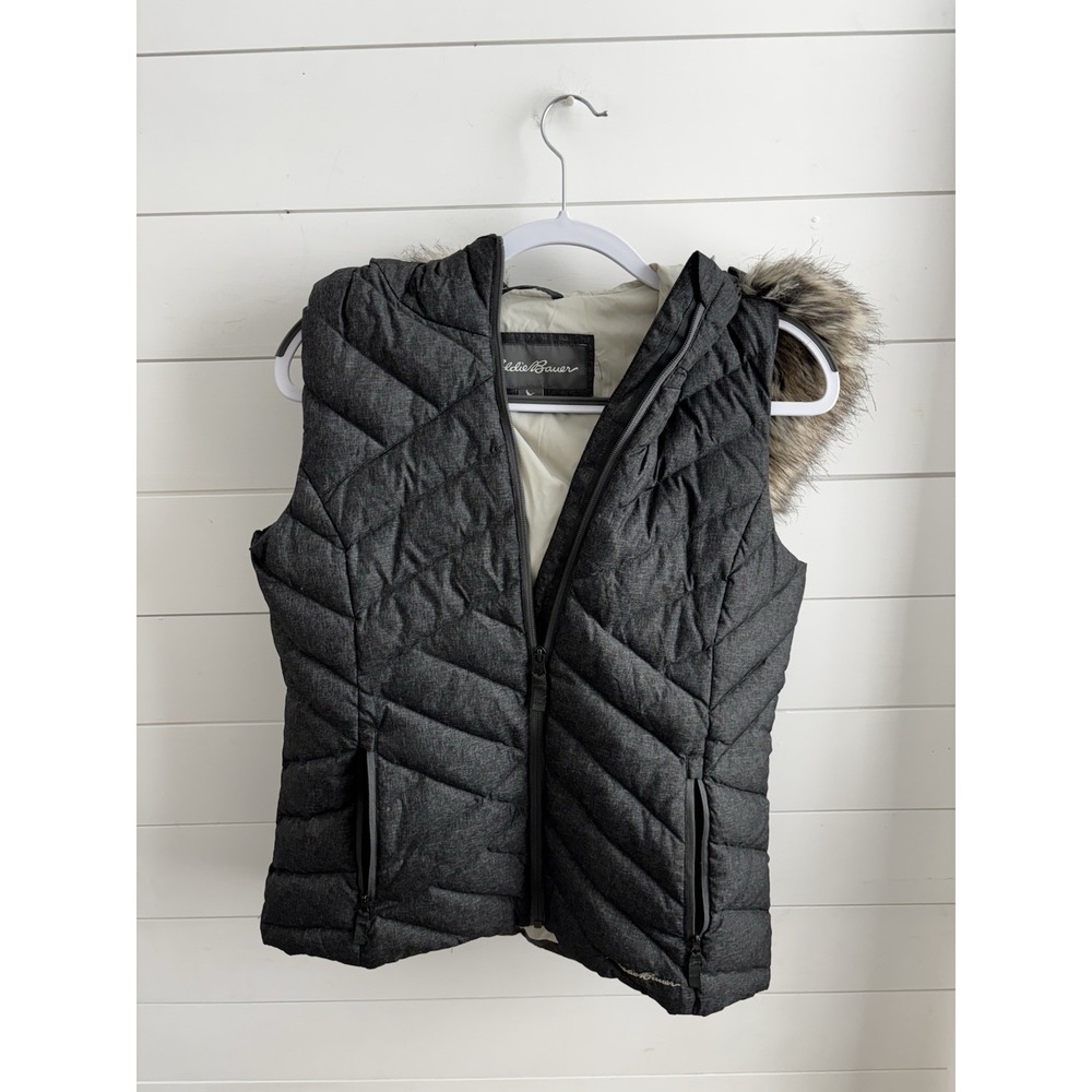 Eddie Bauer Women's S Gray Quilted Goose Down Puffer Vest Hooded‎ Faux Fur Zip